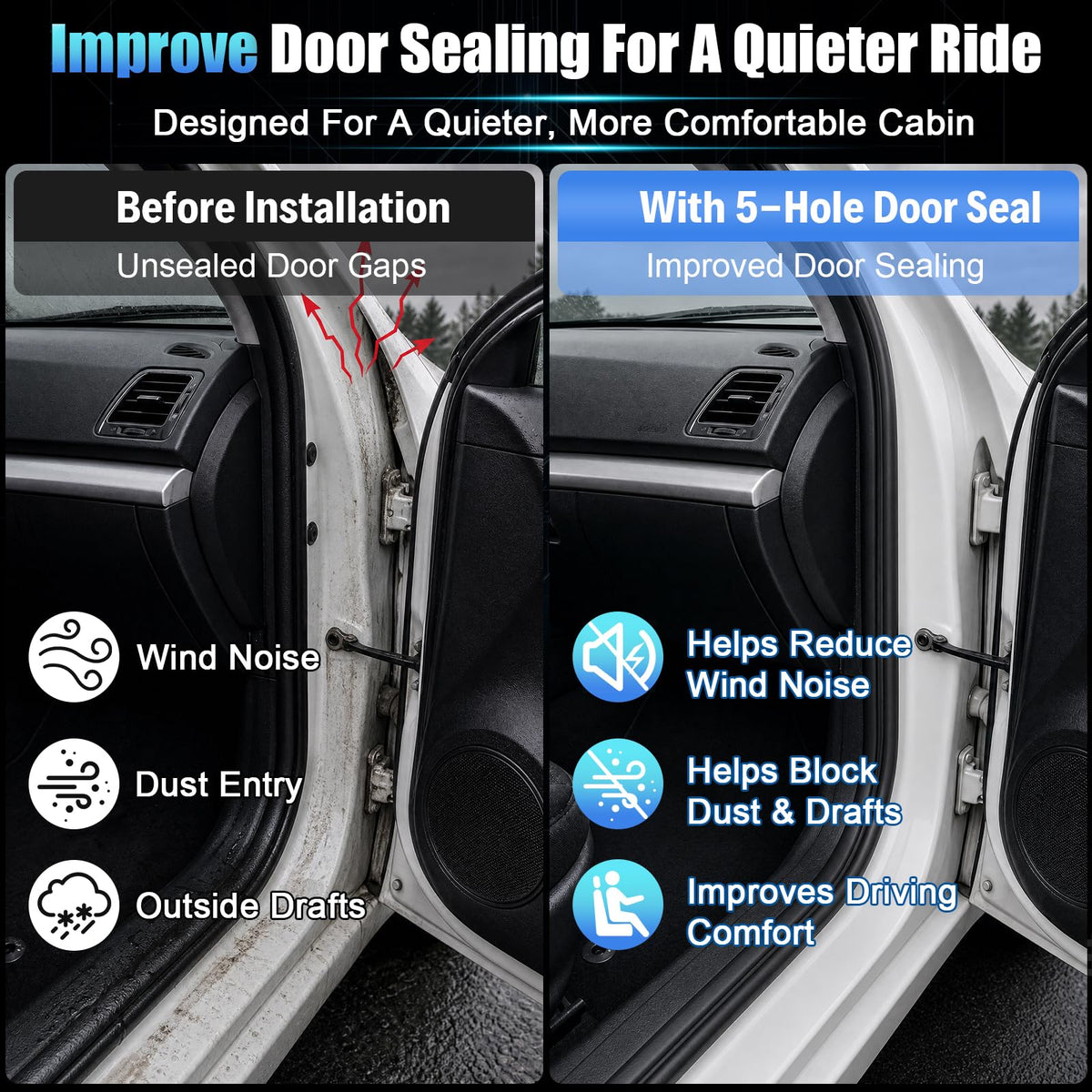 Car Door Seal Strip 5-Hole - alophoty 16.5 Ft EPDM Rubber Self-Adhesive Automotive Weather Stripping, 0.39" × 0.31", Soundproof Waterproof & Dustproof, Fits Cars SUVs Trucks RVs
