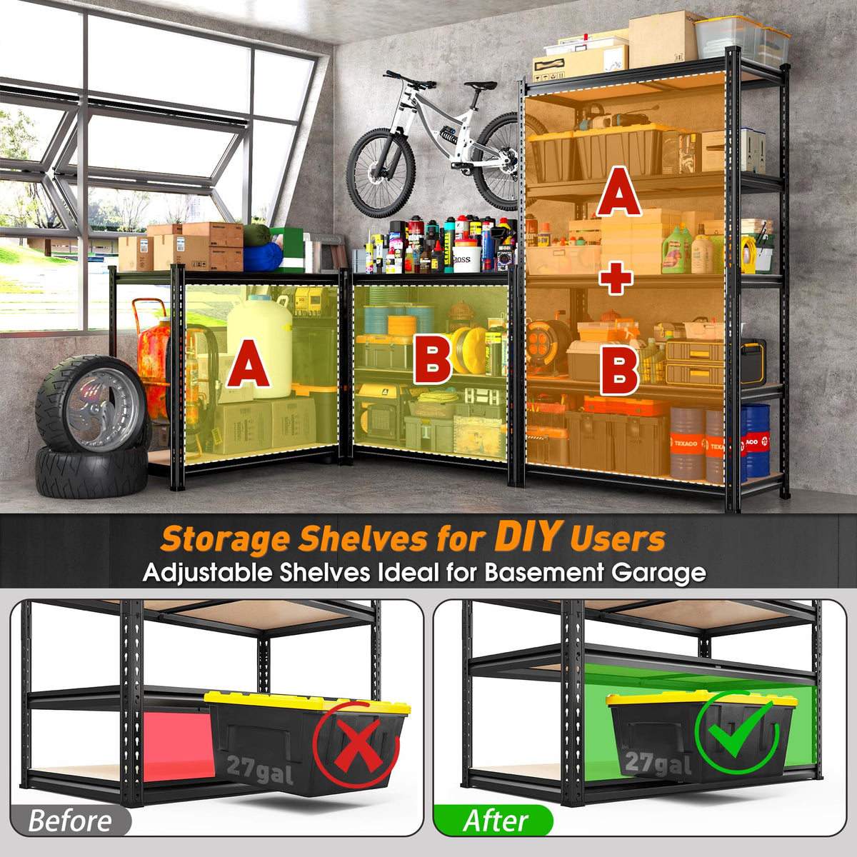 REIBII 2400LBS Garage Shelving,36" Wx16" Dx72" H Shelves for Basement