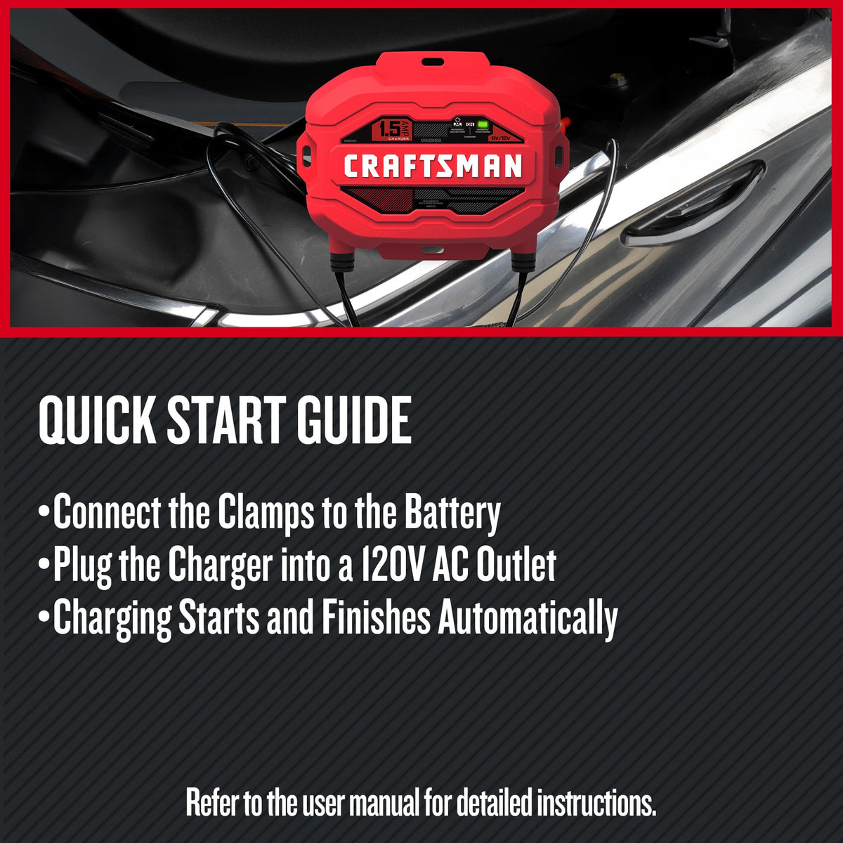 CRAFTSMAN 1.5A Car Battery Charger & Maintainer, 6V/12V – CMXCESM259