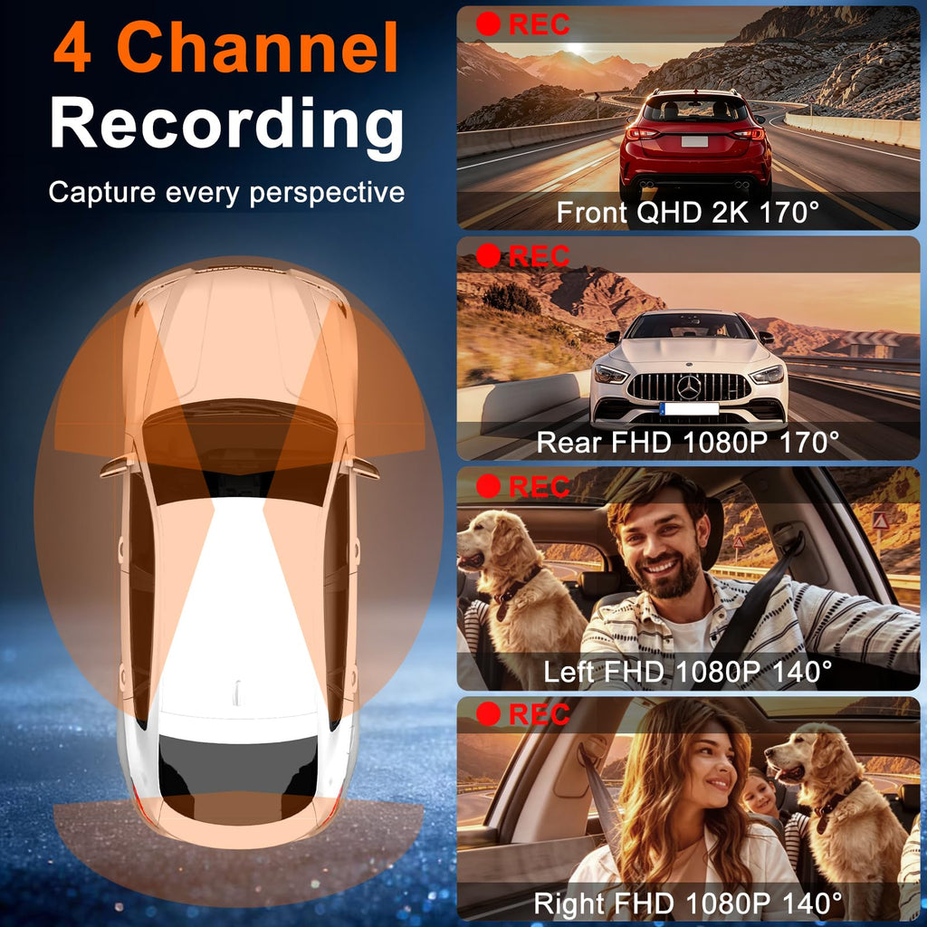 4 Channel 360° Dash Cam, 2K Front +1080P Rear Left Right with 64GB SD Card