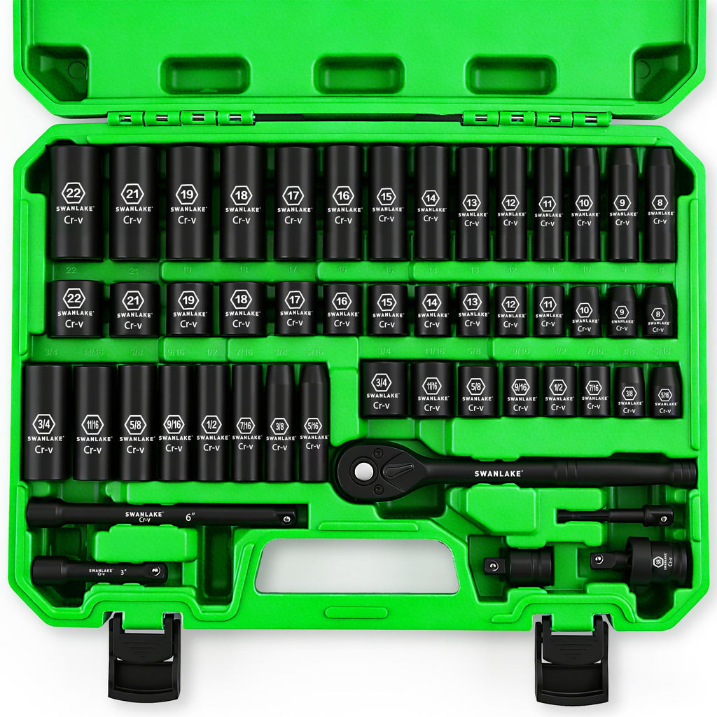 SWANLAKE 3/8'' Drive Impact Socket Set, 50-Piece Standard SAE (5/16 to 3/4 inch) and Metric (8-22mm) Size, 6 Point, Cr-V, 3/8-Inch Ratchet Handle, Extension Bar, Universal Joint
