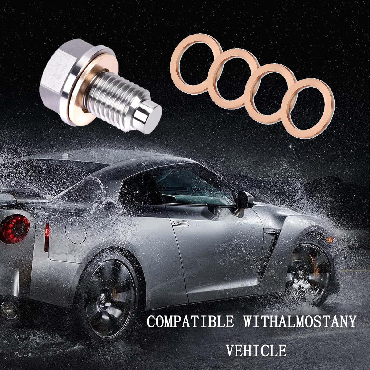 M14x1.5 Magnetic Oil Drain Plug, Magnetic Stainless Steel Oil Pan Drain Nut Bolt with 5PCS Copper Crush Washer Anti Leakage, Universal Leak-proof Replacement,Fits Most Cars,Motorcycles,Boats