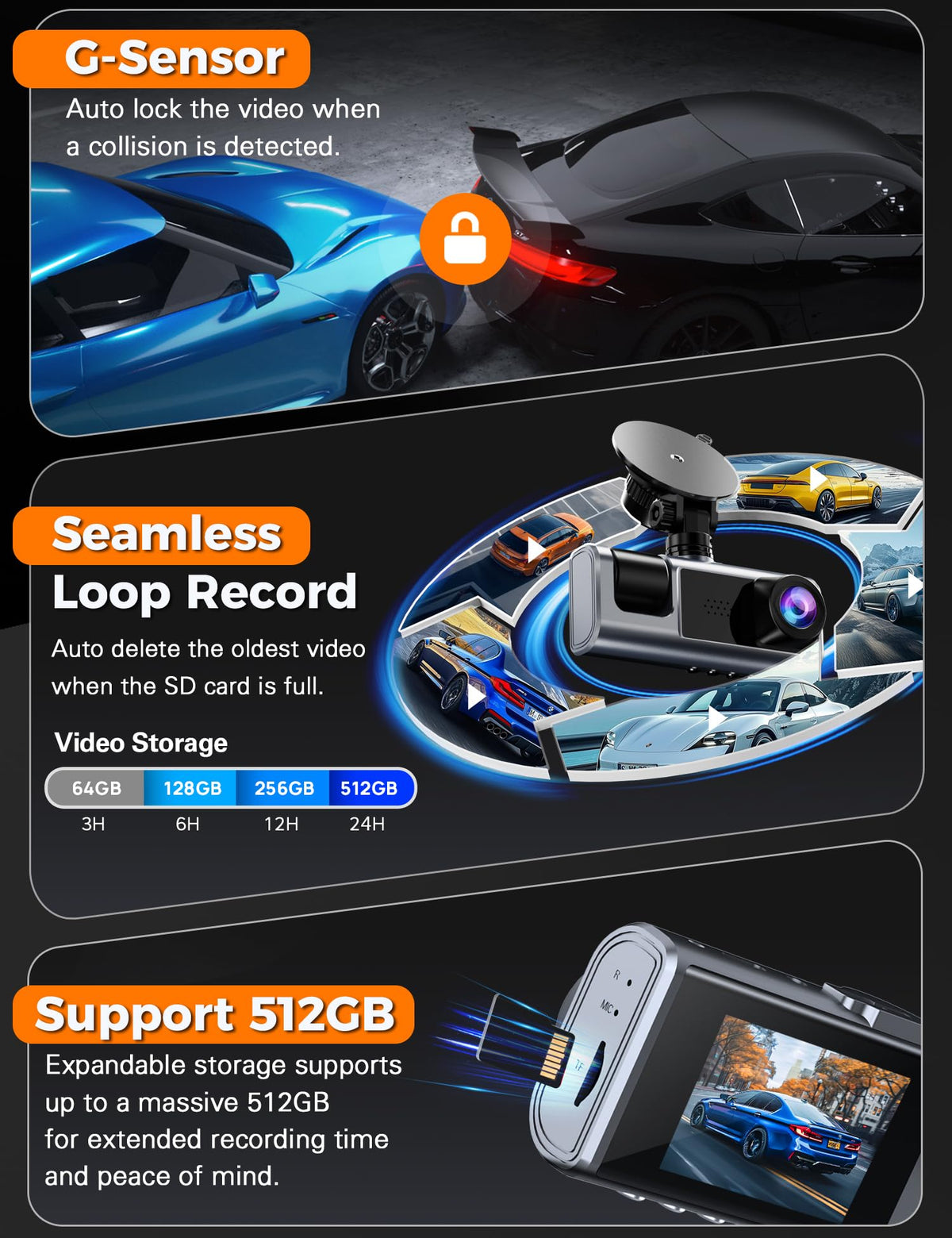 2.5K 3 Channel Dash Cam Front and Rear Inside with WiFi, 2' IPS Screen