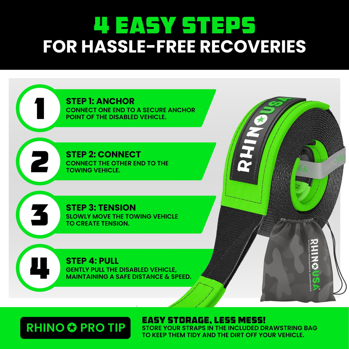 Rhino USA Recovery Tow Strap (3in x 20ft) - 31,518lb Heavy Duty Towing