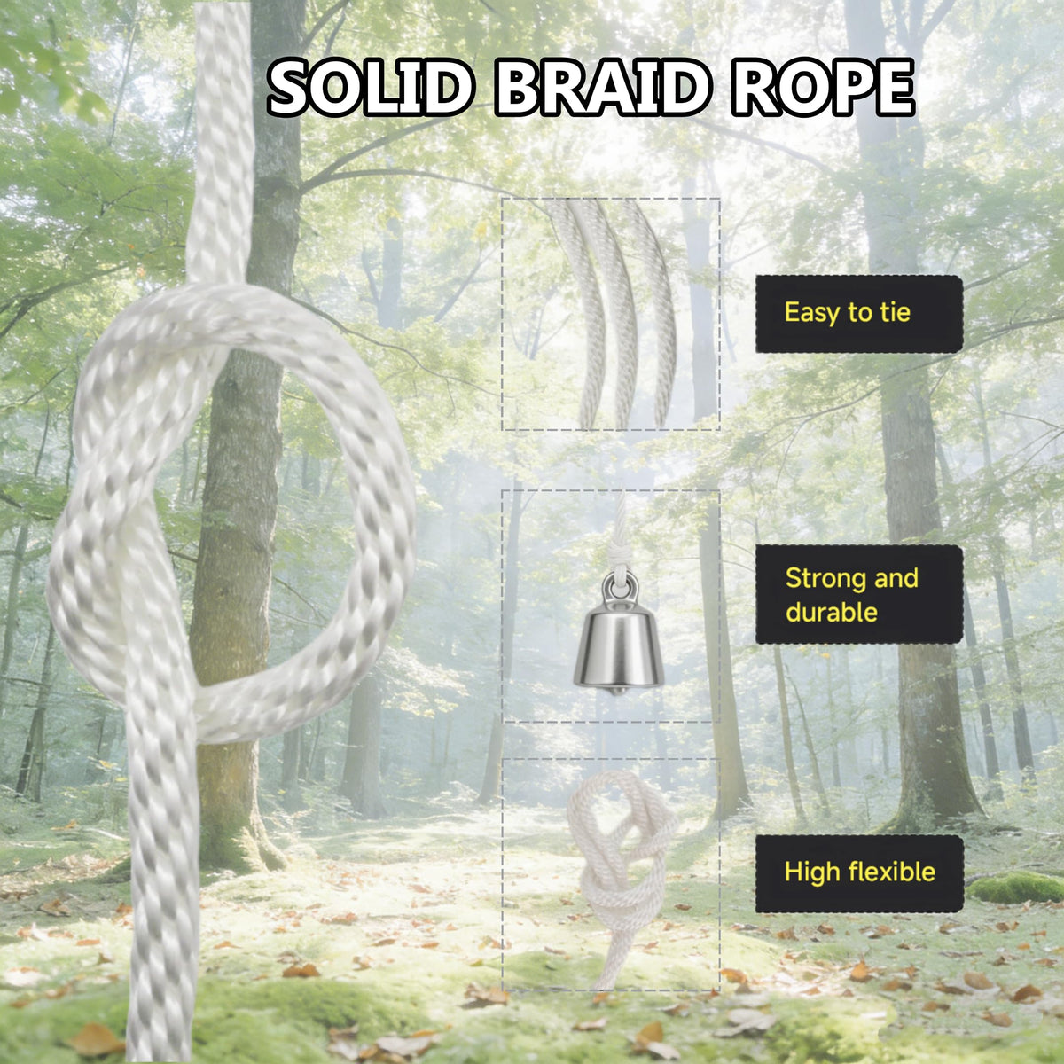 1/4 Inch 100FT Nylon White Solid Braid Rope Polyester Rope High UV and Abrasion Resistance, Multi-Purpose for Outdoor for Camping
