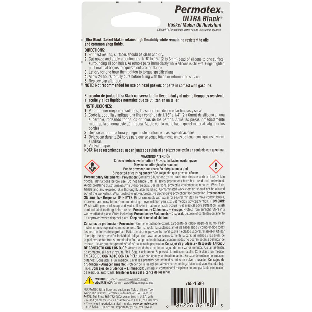 Permatex 82180 Ultra Black Maximum Oil Resistance RTV Silicone Gasket Maker, Sensor Safe and Non-Corrosive, for High Flex and Oil Resistant Applications 3 oz