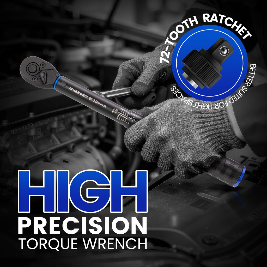 HERONIX 1/4-Inch Drive Click Torque Wrench, 20-240 in.-lb / 2.3-27.1 Nm, Adjustable Dual-Direction 72-Tooth Inch Pound Torque Wrench for Bike, Motorcycle & Small Engine Repair