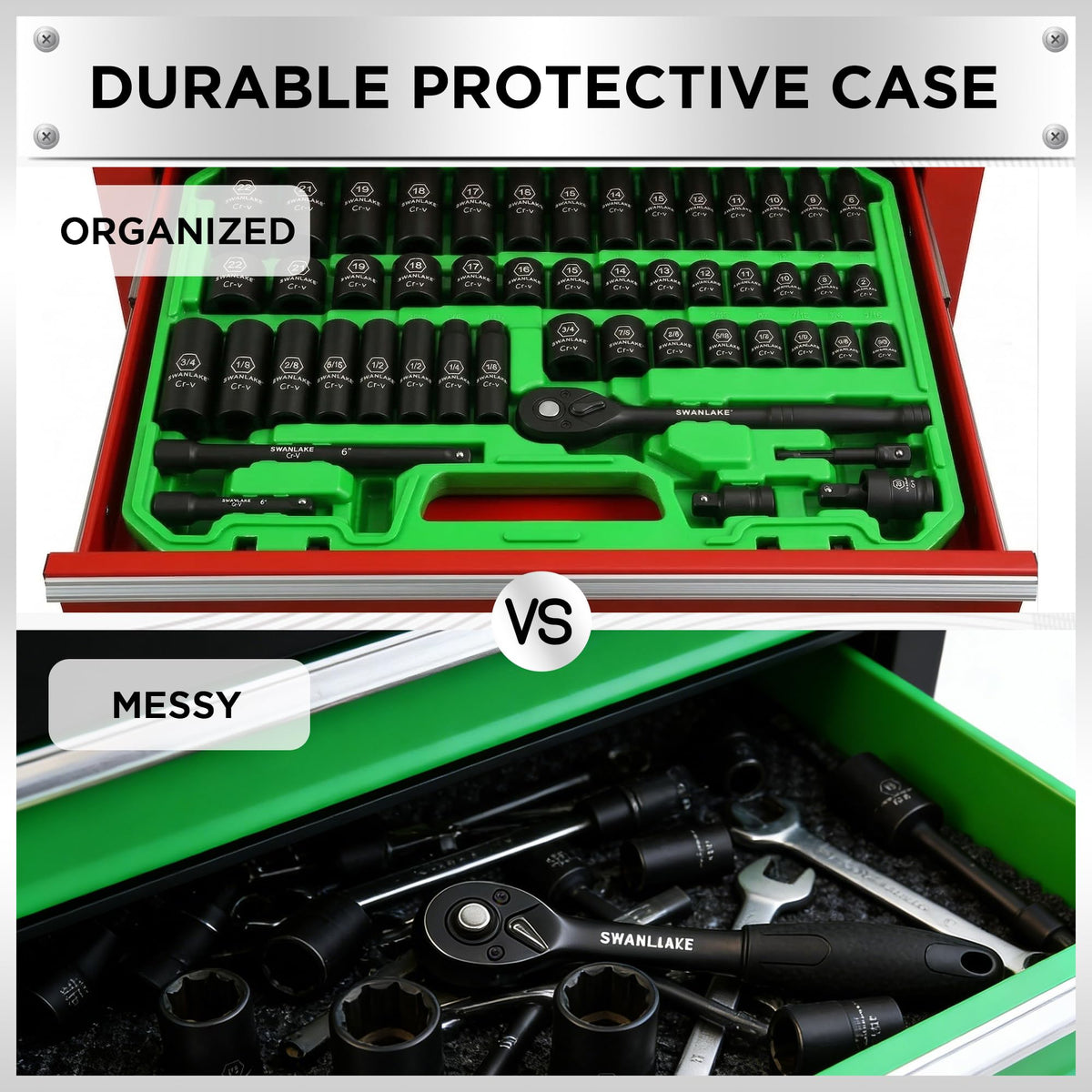 SWANLAKE 3/8'' Drive Impact Socket Set, 50-Piece Standard SAE (5/16 to 3/4 inch) and Metric (8-22mm) Size, 6 Point, Cr-V, 3/8-Inch Ratchet Handle, Extension Bar, Universal Joint