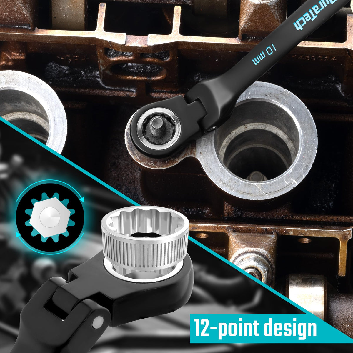 DURATECH 12-Piece Flex-Head Ratcheting Wrench Set, Metric, 8mm-19mm