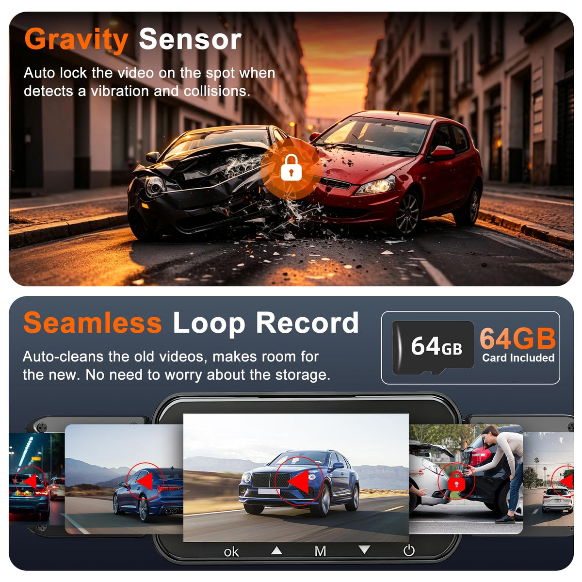 4 Channel 360° Dash Cam, 2K Front +1080P Rear Left Right with 64GB SD Card