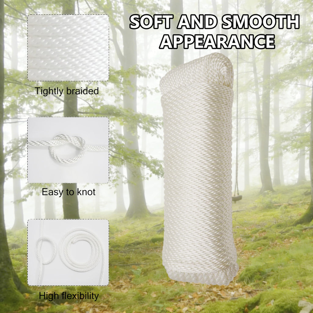 1/4 Inch 100FT Nylon White Solid Braid Rope Polyester Rope High UV and Abrasion Resistance, Multi-Purpose for Outdoor for Camping