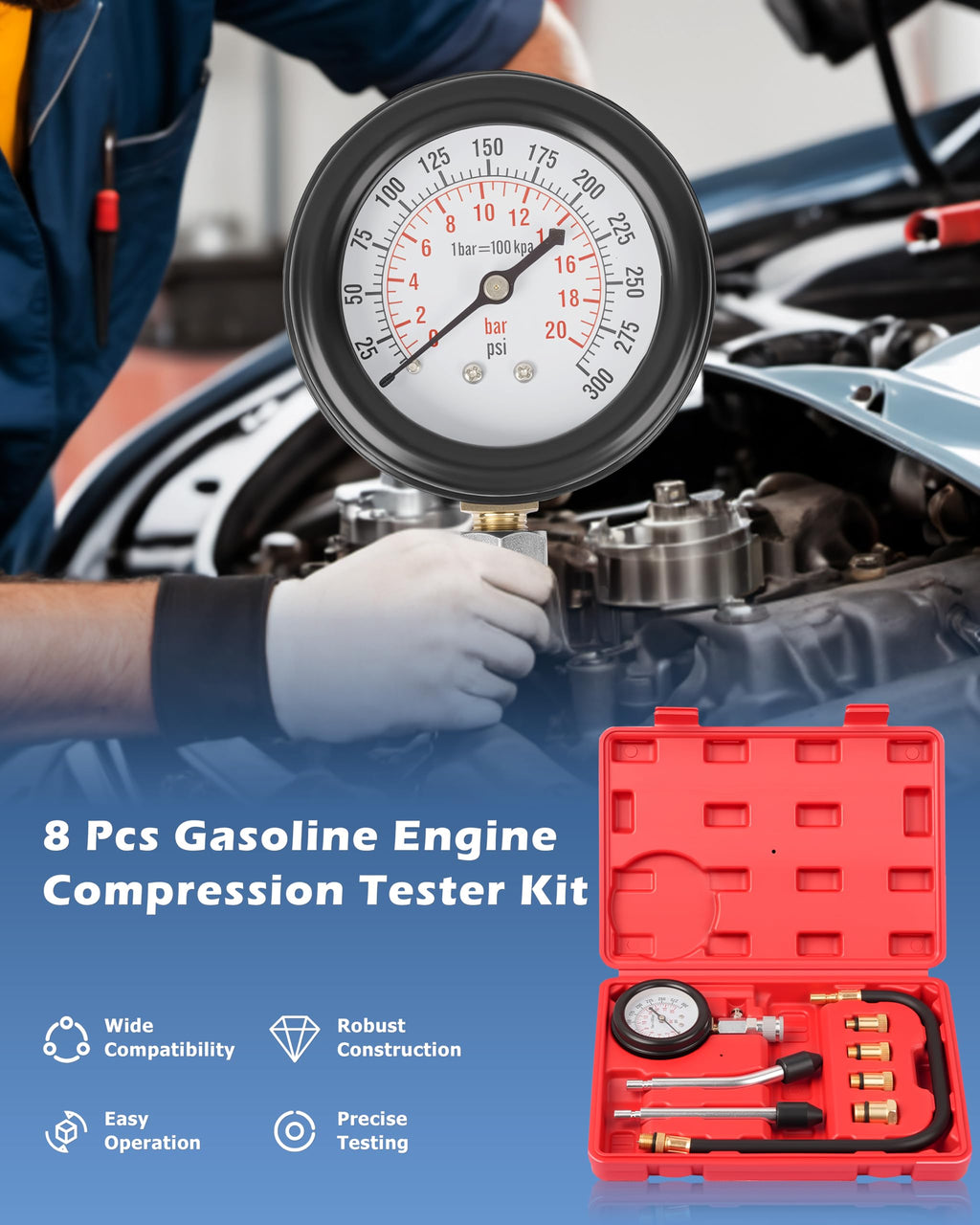 DAYUAN Professional Petrol Engine Compression Tester Kit Set, Red Case