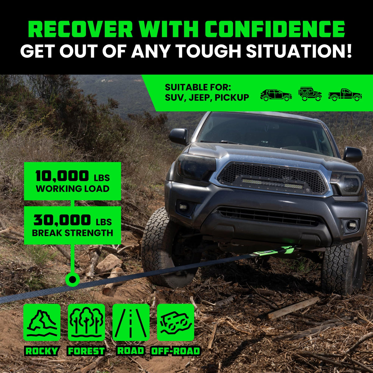Rhino USA Recovery Tow Strap (3in x 20ft) - 31,518lb Heavy Duty Towing